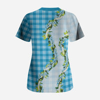 Blue Hawaii Palaka Scrub Top Maile Pikake Honohono Orchid Lei