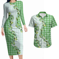 Green Hawaii Palaka Couples Matching Long Sleeve Bodycon Dress and Hawaiian Shirt Maile Pikake Honohono Orchid Lei LT05 Green - Polynesian Pride
