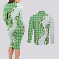 Green Hawaii Palaka Couples Matching Long Sleeve Bodycon Dress and Long Sleeve Button Shirt Maile Pikake Honohono Orchid Lei LT05 - Polynesian Pride