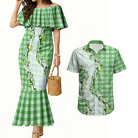 Green Hawaii Palaka Couples Matching Mermaid Dress and Hawaiian Shirt Maile Pikake Honohono Orchid Lei LT05 Green - Polynesian Pride