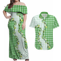 Green Hawaii Palaka Couples Matching Off Shoulder Maxi Dress and Hawaiian Shirt Maile Pikake Honohono Orchid Lei LT05 Green - Polynesian Pride
