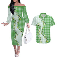 Green Hawaii Palaka Couples Matching Off The Shoulder Long Sleeve Dress and Hawaiian Shirt Maile Pikake Honohono Orchid Lei LT05 Green - Polynesian Pride