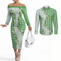 Green Hawaii Palaka Couples Matching Off The Shoulder Long Sleeve Dress and Long Sleeve Button Shirt Maile Pikake Honohono Orchid Lei LT05 Green - Polynesian Pride