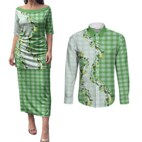 Green Hawaii Palaka Couples Matching Puletasi and Long Sleeve Button Shirt Maile Pikake Honohono Orchid Lei LT05 Green - Polynesian Pride