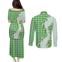 Green Hawaii Palaka Couples Matching Puletasi and Long Sleeve Button Shirt Maile Pikake Honohono Orchid Lei LT05 - Polynesian Pride