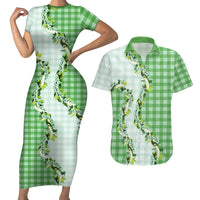 Green Hawaii Palaka Couples Matching Short Sleeve Bodycon Dress and Hawaiian Shirt Maile Pikake Honohono Orchid Lei LT05 Green - Polynesian Pride