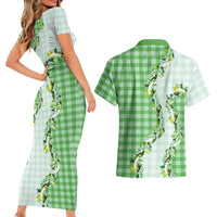 Green Hawaii Palaka Couples Matching Short Sleeve Bodycon Dress and Hawaiian Shirt Maile Pikake Honohono Orchid Lei LT05 - Polynesian Pride
