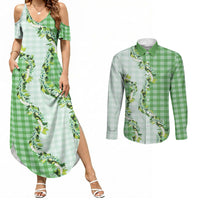 Green Hawaii Palaka Couples Matching Summer Maxi Dress and Long Sleeve Button Shirt Maile Pikake Honohono Orchid Lei LT05 Green - Polynesian Pride