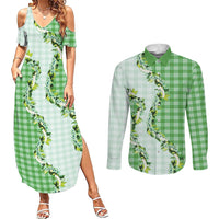 Green Hawaii Palaka Couples Matching Summer Maxi Dress and Long Sleeve Button Shirt Maile Pikake Honohono Orchid Lei LT05 Green - Polynesian Pride