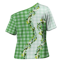 Green Hawaii Palaka Cross Shoulder Shirt Maile Pikake Honohono Orchid Lei