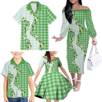 Green Hawaii Palaka Family Matching Off The Shoulder Long Sleeve Dress and Hawaiian Shirt Maile Pikake Honohono Orchid Lei LT05 - Polynesian Pride