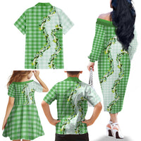 Green Hawaii Palaka Family Matching Off The Shoulder Long Sleeve Dress and Hawaiian Shirt Maile Pikake Honohono Orchid Lei LT05 Mom's Dress Green - Polynesian Pride
