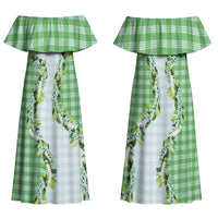 Green Hawaii Palaka Family Matching Off Shoulder Maxi Dress and Hawaiian Shirt Maile Pikake Honohono Orchid Lei LT05 Mom's Dress Green - Polynesian Pride