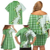 Green Hawaii Palaka Family Matching Off Shoulder Short Dress and Hawaiian Shirt Maile Pikake Honohono Orchid Lei LT05 - Polynesian Pride