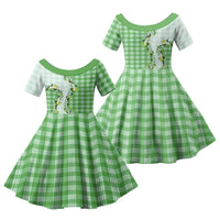 Green Hawaii Palaka Family Matching Off Shoulder Short Dress and Hawaiian Shirt Maile Pikake Honohono Orchid Lei LT05 Daughter's Dress Green - Polynesian Pride