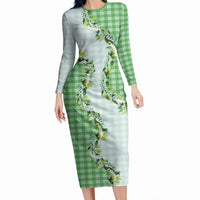 Green Hawaii Palaka Long Sleeve Bodycon Dress Maile Pikake Honohono Orchid Lei LT05 Long Dress Green - Polynesian Pride