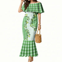 Green Hawaii Palaka Mermaid Dress Maile Pikake Honohono Orchid Lei LT05 Women Green - Polynesian Pride