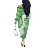Green Hawaii Palaka Off The Shoulder Long Sleeve Dress Maile Pikake Honohono Orchid Lei LT05 - Polynesian Pride