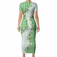 Green Hawaii Palaka Short Sleeve Bodycon Dress Maile Pikake Honohono Orchid Lei LT05 - Polynesian Pride
