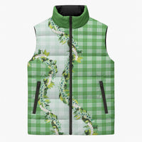 Green Hawaii Palaka Sleeveless Puffer Jacket Maile Pikake Honohono Orchid Lei