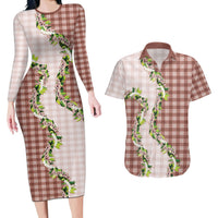 Mocha Hawaii Palaka Couples Matching Long Sleeve Bodycon Dress and Hawaiian Shirt Maile Pikake Honohono Orchid Lei LT05 Mocha - Polynesian Pride