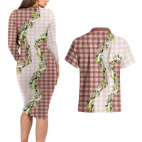 Mocha Hawaii Palaka Couples Matching Long Sleeve Bodycon Dress and Hawaiian Shirt Maile Pikake Honohono Orchid Lei LT05 - Polynesian Pride