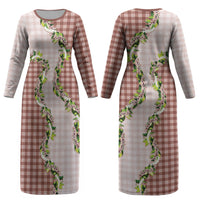 Mocha Hawaii Palaka Couples Matching Long Sleeve Bodycon Dress and Hawaiian Shirt Maile Pikake Honohono Orchid Lei LT05 - Polynesian Pride
