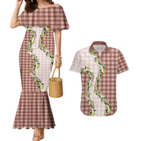 Mocha Hawaii Palaka Couples Matching Mermaid Dress and Hawaiian Shirt Maile Pikake Honohono Orchid Lei LT05 Mocha - Polynesian Pride
