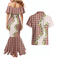 Mocha Hawaii Palaka Couples Matching Mermaid Dress and Hawaiian Shirt Maile Pikake Honohono Orchid Lei LT05 - Polynesian Pride