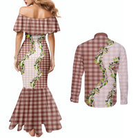 Mocha Hawaii Palaka Couples Matching Mermaid Dress and Long Sleeve Button Shirt Maile Pikake Honohono Orchid Lei LT05 - Polynesian Pride