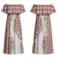 Mocha Hawaii Palaka Couples Matching Off Shoulder Maxi Dress and Hawaiian Shirt Maile Pikake Honohono Orchid Lei LT05 - Polynesian Pride