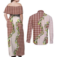 Mocha Hawaii Palaka Couples Matching Off Shoulder Maxi Dress and Long Sleeve Button Shirt Maile Pikake Honohono Orchid Lei