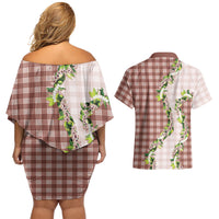 Mocha Hawaii Palaka Couples Matching Off Shoulder Short Dress and Hawaiian Shirt Maile Pikake Honohono Orchid Lei LT05 - Polynesian Pride