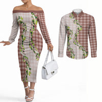 Mocha Hawaii Palaka Couples Matching Off The Shoulder Long Sleeve Dress and Long Sleeve Button Shirt Maile Pikake Honohono Orchid Lei LT05 Mocha - Polynesian Pride