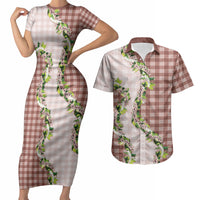 Mocha Hawaii Palaka Couples Matching Short Sleeve Bodycon Dress and Hawaiian Shirt Maile Pikake Honohono Orchid Lei LT05 Mocha - Polynesian Pride