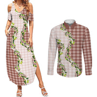 Mocha Hawaii Palaka Couples Matching Summer Maxi Dress and Long Sleeve Button Shirt Maile Pikake Honohono Orchid Lei LT05 Mocha - Polynesian Pride