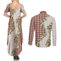 Mocha Hawaii Palaka Couples Matching Summer Maxi Dress and Long Sleeve Button Shirt Maile Pikake Honohono Orchid Lei LT05 - Polynesian Pride