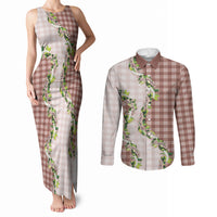 Mocha Hawaii Palaka Couples Matching Tank Maxi Dress and Long Sleeve Button Shirt Maile Pikake Honohono Orchid Lei LT05 Mocha - Polynesian Pride