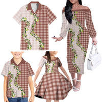 Mocha Hawaii Palaka Family Matching Off The Shoulder Long Sleeve Dress and Hawaiian Shirt Maile Pikake Honohono Orchid Lei LT05 - Polynesian Pride
