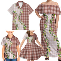 Mocha Hawaii Palaka Family Matching Off Shoulder Maxi Dress and Hawaiian Shirt Maile Pikake Honohono Orchid Lei LT05 - Polynesian Pride