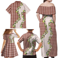 Mocha Hawaii Palaka Family Matching Off Shoulder Maxi Dress and Hawaiian Shirt Maile Pikake Honohono Orchid Lei LT05 - Polynesian Pride