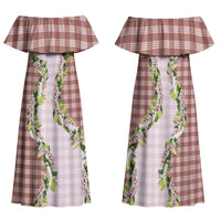 Mocha Hawaii Palaka Family Matching Off Shoulder Maxi Dress and Hawaiian Shirt Maile Pikake Honohono Orchid Lei LT05 Mom's Dress Mocha - Polynesian Pride