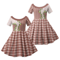 Mocha Hawaii Palaka Family Matching Off Shoulder Maxi Dress and Hawaiian Shirt Maile Pikake Honohono Orchid Lei LT05 Daughter's Dress Mocha - Polynesian Pride