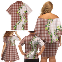 Mocha Hawaii Palaka Family Matching Off Shoulder Short Dress and Hawaiian Shirt Maile Pikake Honohono Orchid Lei LT05 Mom's Dress Mocha - Polynesian Pride