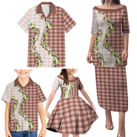 Mocha Hawaii Palaka Family Matching Puletasi and Hawaiian Shirt Maile Pikake Honohono Orchid Lei LT05 - Polynesian Pride