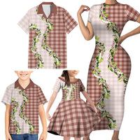 Mocha Hawaii Palaka Family Matching Short Sleeve Bodycon Dress and Hawaiian Shirt Maile Pikake Honohono Orchid Lei LT05 - Polynesian Pride