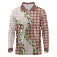 Mocha Hawaii Palaka Long Sleeve Polo Shirt Maile Pikake Honohono Orchid Lei