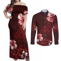 Hawaii Hibiscus With Oxblood Polynesian Pattern Couples Matching Off Shoulder Maxi Dress and Long Sleeve Button Shirt