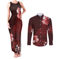 Hawaii Hibiscus With Oxblood Polynesian Pattern Couples Matching Tank Maxi Dress and Long Sleeve Button Shirt