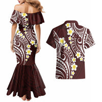 Plumeria With Oxblood Polynesian Tattoo Pattern Couples Matching Mermaid Dress and Hawaiian Shirt